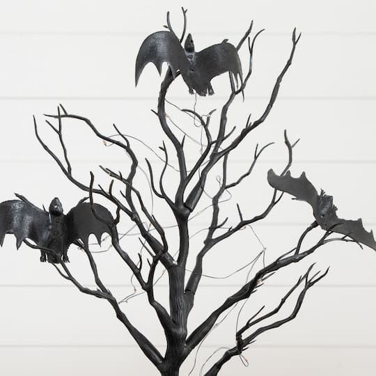 16" Pre-Lit Artificial Halloween Black Spooky Twig Tree with Bats and 20 Orange & Purple LED Lights